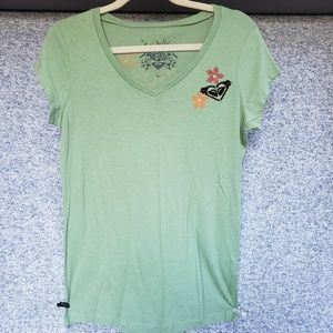Roxy Green V Neck Tee Shirt Embroidered Large